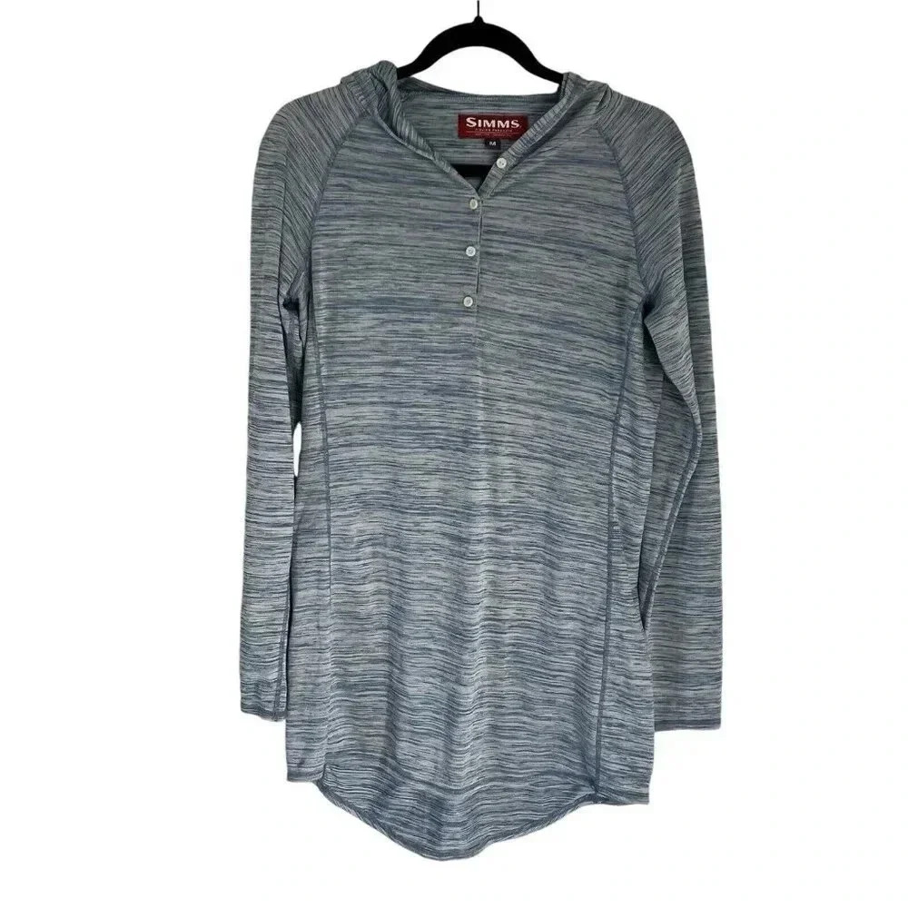 Simms Fishing Womens Sz M Hooded Tunic Henley Long Sleeve Pullover Blue Active